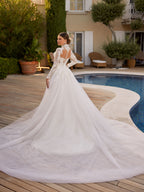 buy detachable cathedral train skirt sheer chiffon illusion lace floral appliques elegant bridal dress with long sleeves online bridal shop