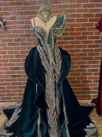 buy custom size Emerald Green Ruffle Mermaid Henna Party Dress With Detachable Train online