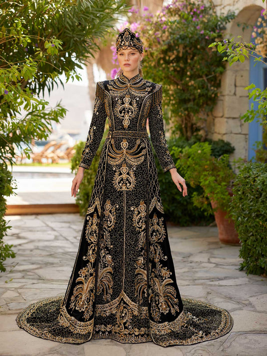 buy Gold Lace Applique Beaded Heavy Embroidered Black Mermaid Henna Gown online henna gowns boutique for sale