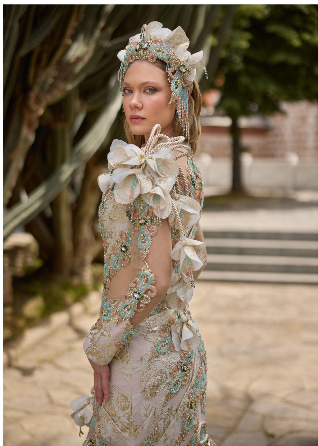 Ivory Mermaid Party Gown with Illusion Lace & 3D Flower Details