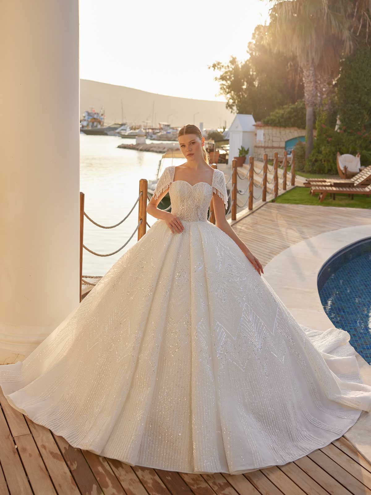 buy Fancy Romantic Pearl White Fringed Sleeves cathedral train Bridal Gown Dress