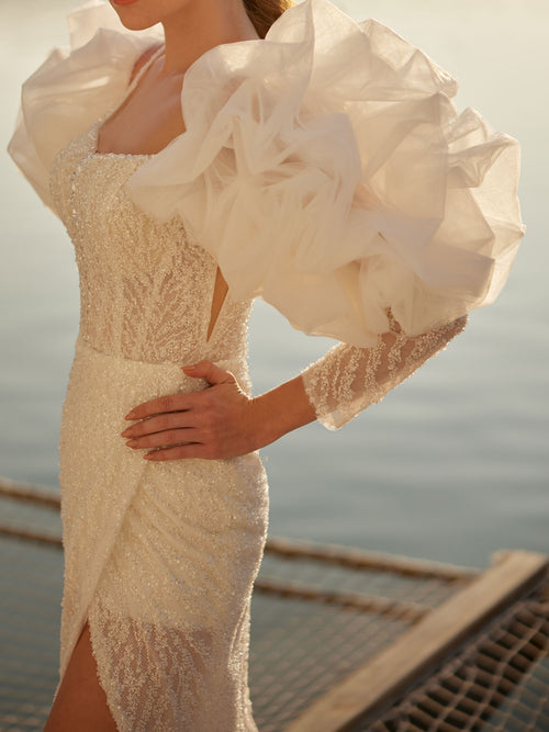 trendy bridal dresses Modern Ivory Ruffle Long Sleeve Fitted Front Slit Dress 42 Formal Dresses Plus Size With the timeless and galentines25 Color:Wine Multi