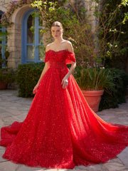 buy Red Sequin Embellished Corset A line Evening Ball Gown With A train online gowns shopping