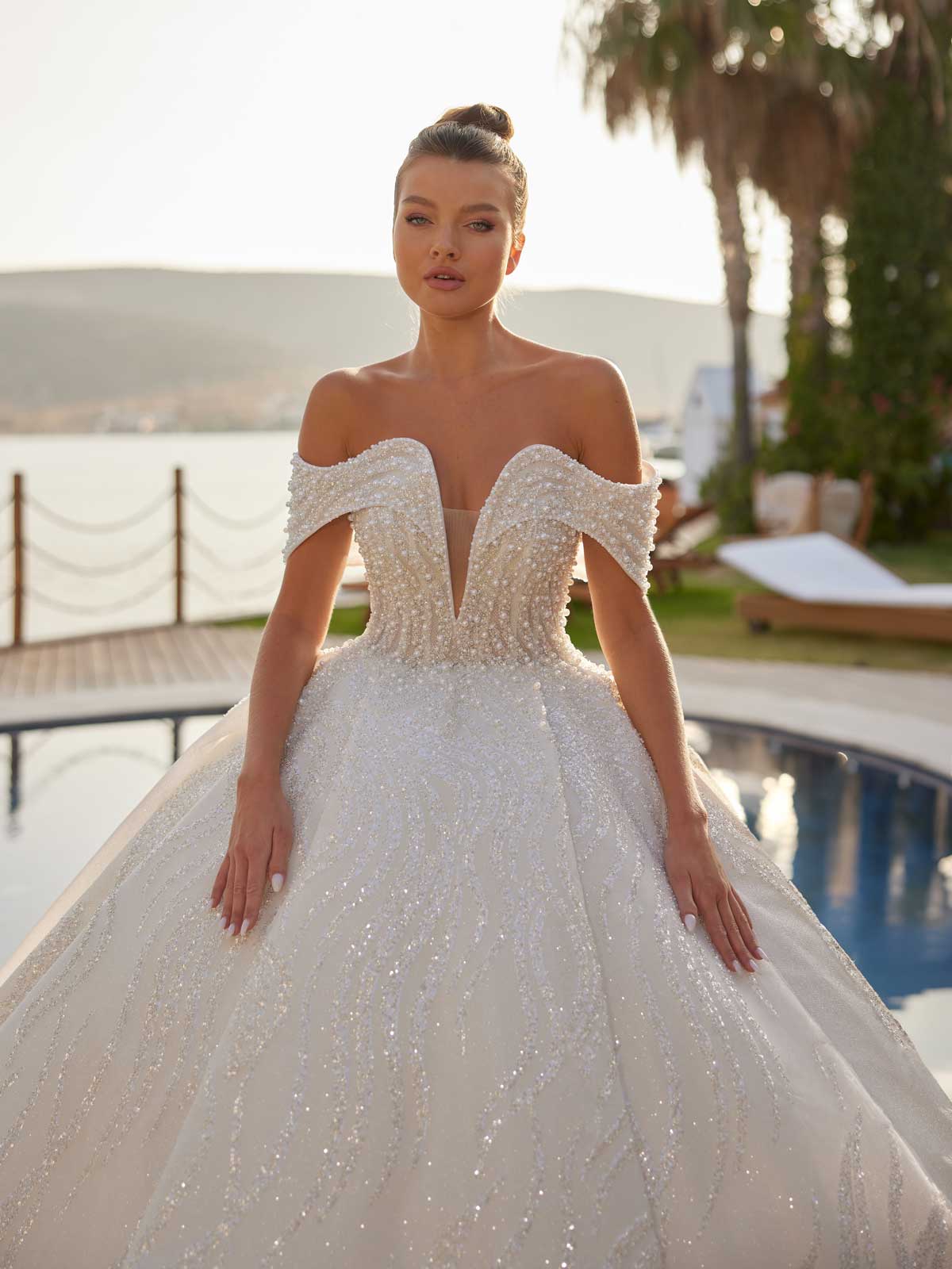 Unique Deep V Neck Off The Shoulder White Pearl Bridal Dress 44 Unique Deep V Neck Off The Shoulder White Pearl Bridal Dress 44