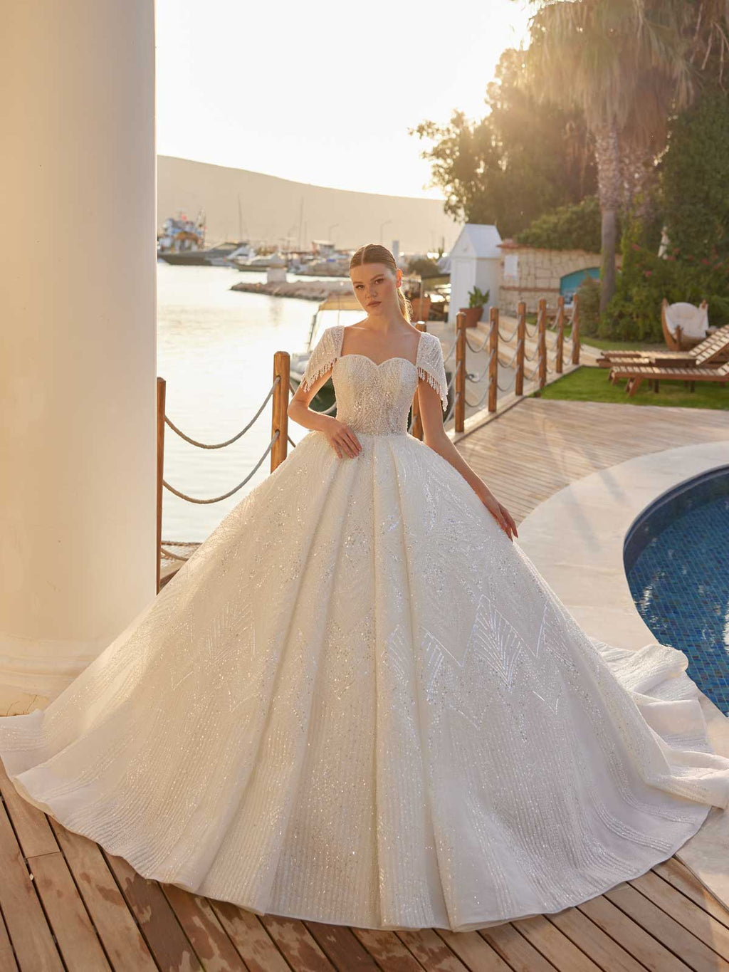 Modern Fancy Pearl Lace Fringe Sleeve Wedding Bridal Dress 40