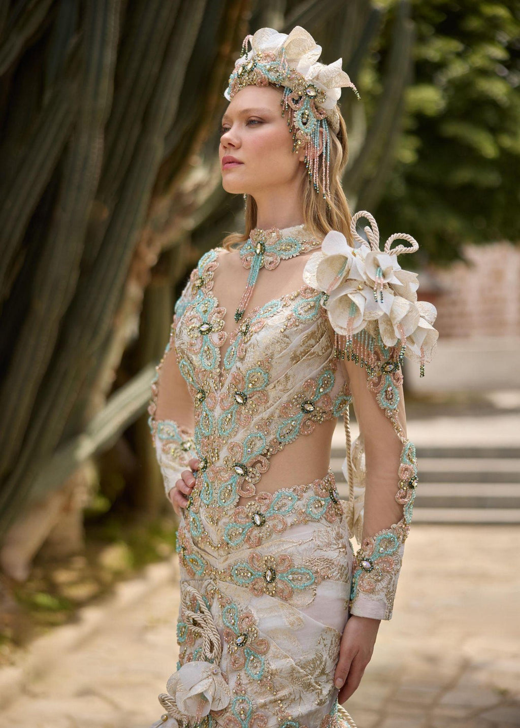 Ivory Mermaid Party Gown with Illusion Lace & 3D Flower Details