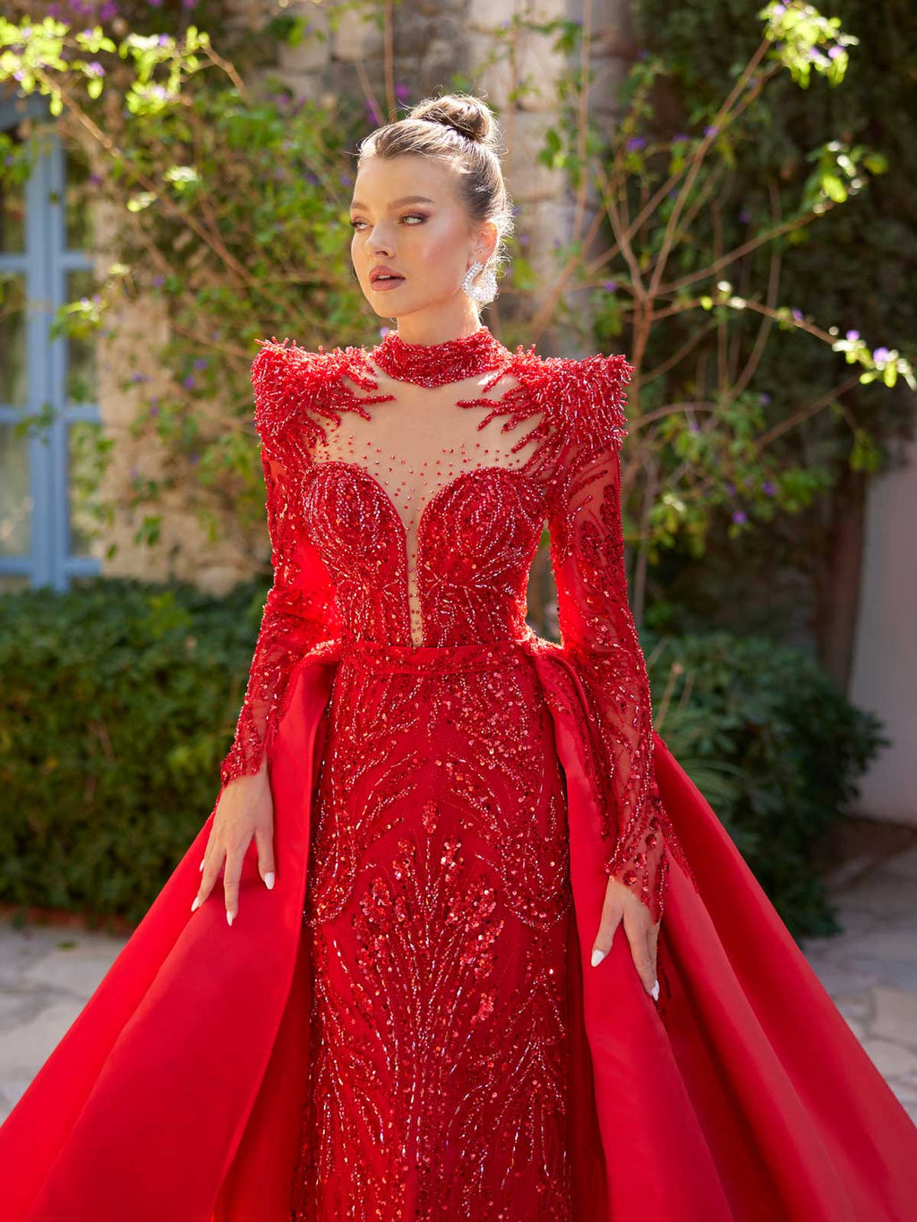 buy red plunging neck long sleeve shimmering dress with removable train online elegant dresses shop