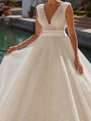 Classic Yet Elegant Deep V Neck Satin Fancy Belt A Line Glitter Bridal Gown