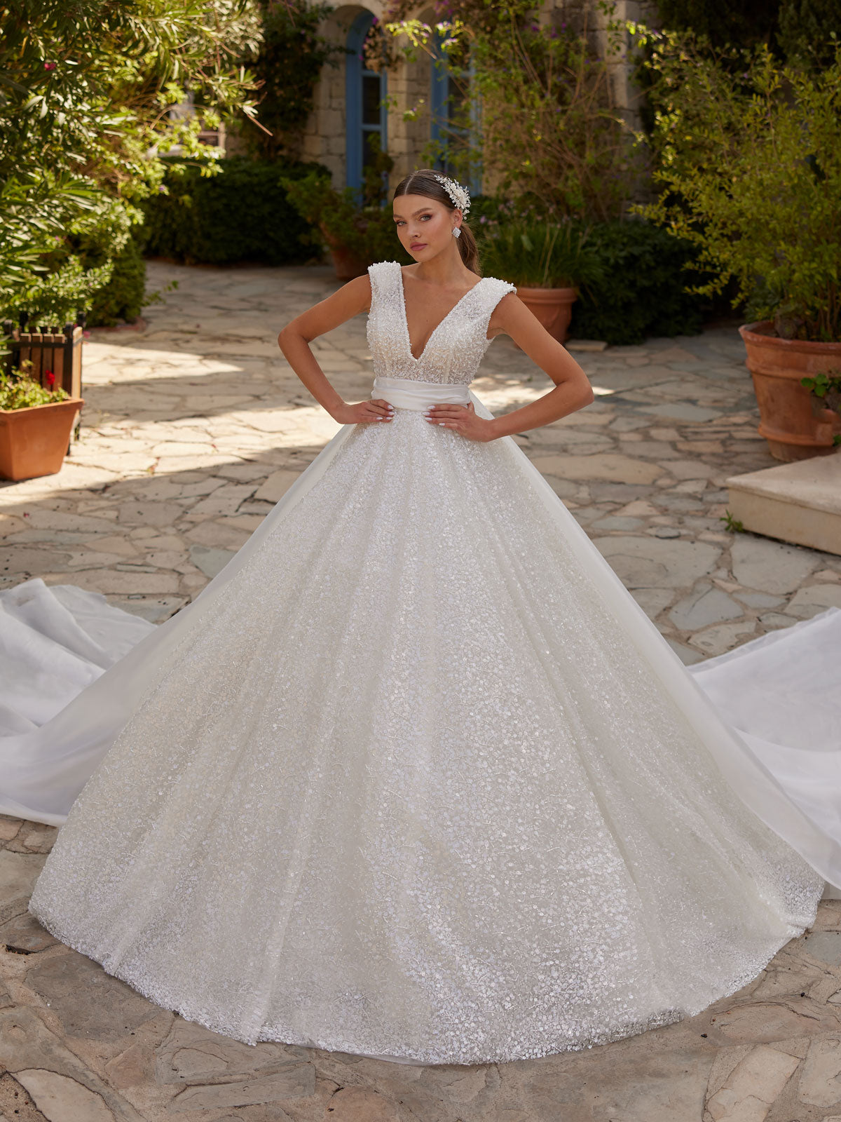 buy inexpensive custom size Classic Yet Elegant Deep V Neck Satin Fancy Belt A Line Glitter Bridal Gown online wedding shop