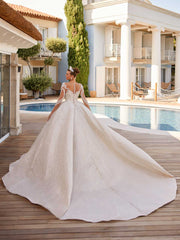 buy Ivory A-Line V-Neck  Long Lace Wedding ball gown princess Dress with train and pearls online wedding dress shopping
