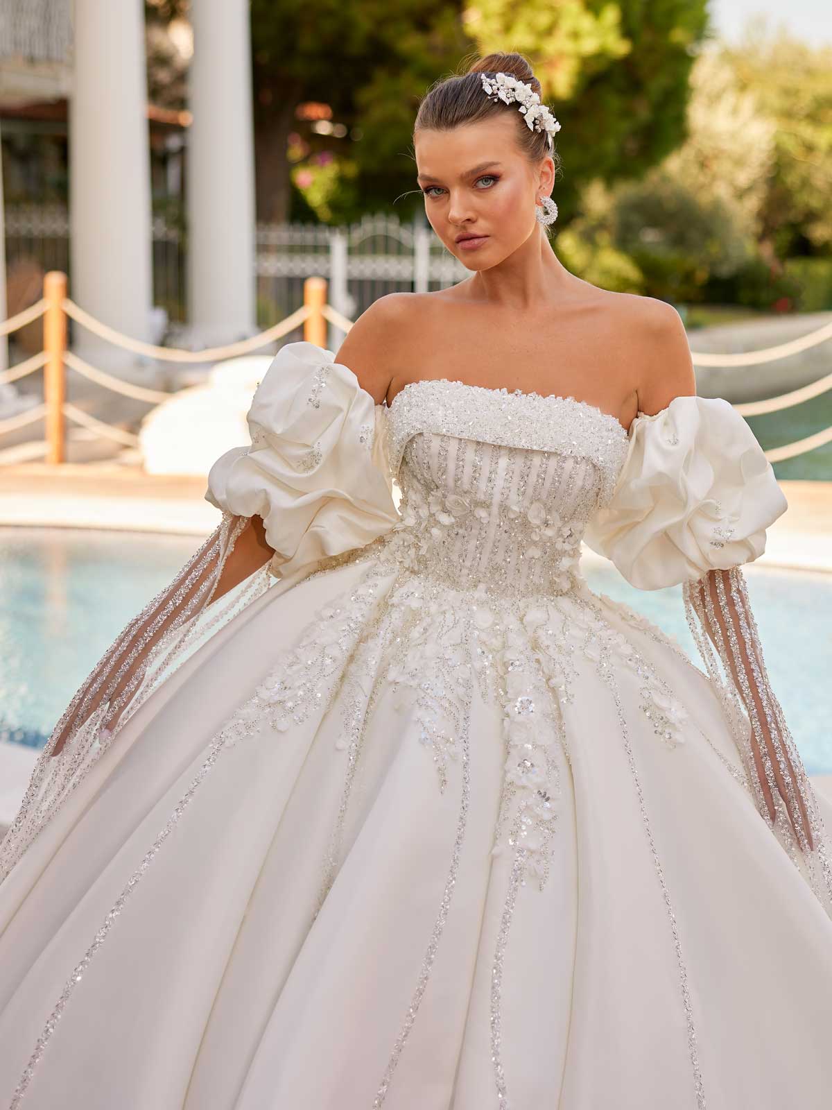 buy  Modern A Line Princess Off Shoulder With Puff Sleeve Bridal Gown Dress plus sizes petite brides online wedding gown stores