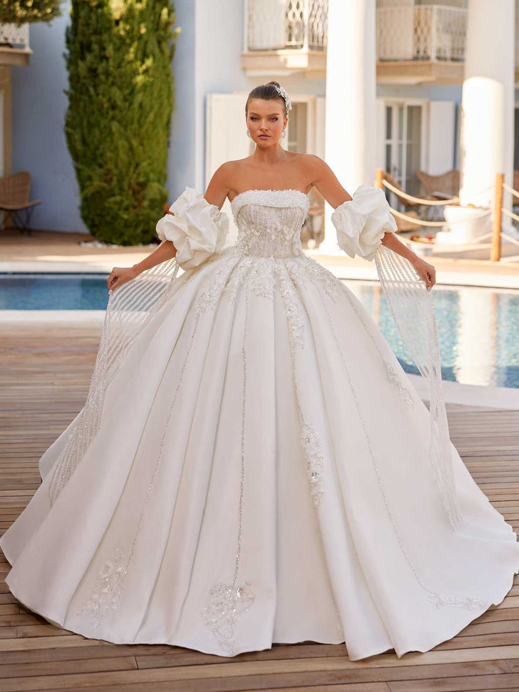 Stylish A line Princess Strapless Puff Sleeve With Cape Floral Lace Wedding Bridal Dress 38