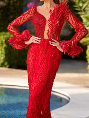 buy Red Shimmering Long Sleeve V Neckline Beaded Formal Evening Dress online fitted dresses shop