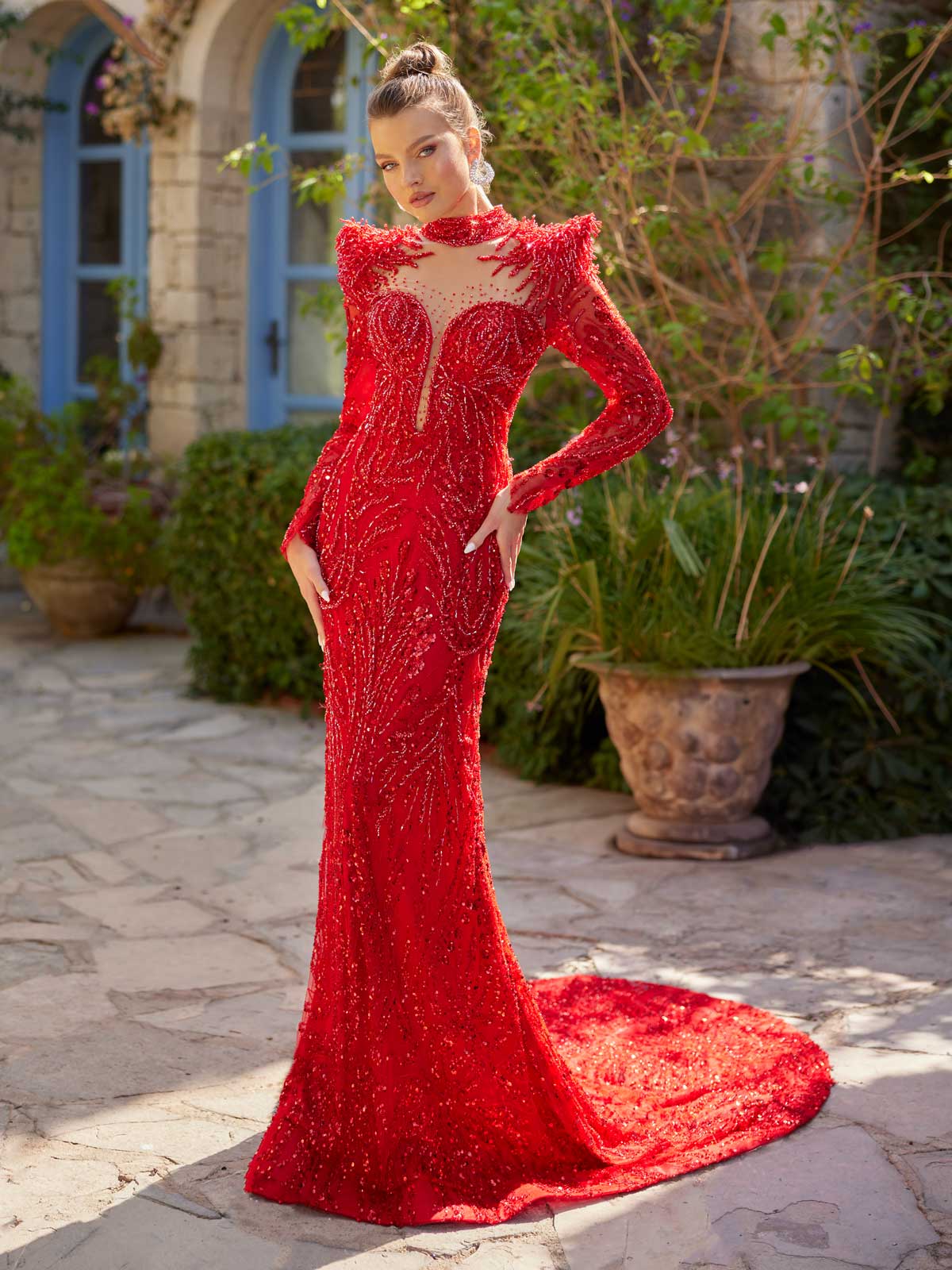 buy floor length red chic turtle neck fancy dress with train online prom gowns  