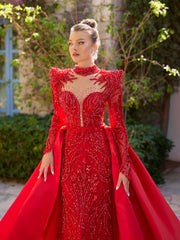 buy red plunging neck long sleeve shimmering dress with removable train online elegant dresses shop