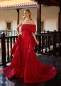 Full-length front view of a majestic 2-in-1 red sequin off-the-shoulder henna gown featuring a beaded fringe bustier and a detachable draped over-skirt with handmade 3D roses by Sultan Dress.