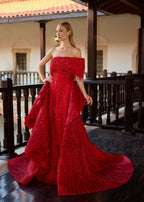 Full-length front view of a majestic 2-in-1 red sequin off-the-shoulder henna gown featuring a beaded fringe bustier and a detachable draped over-skirt with handmade 3D roses by Sultan Dress.