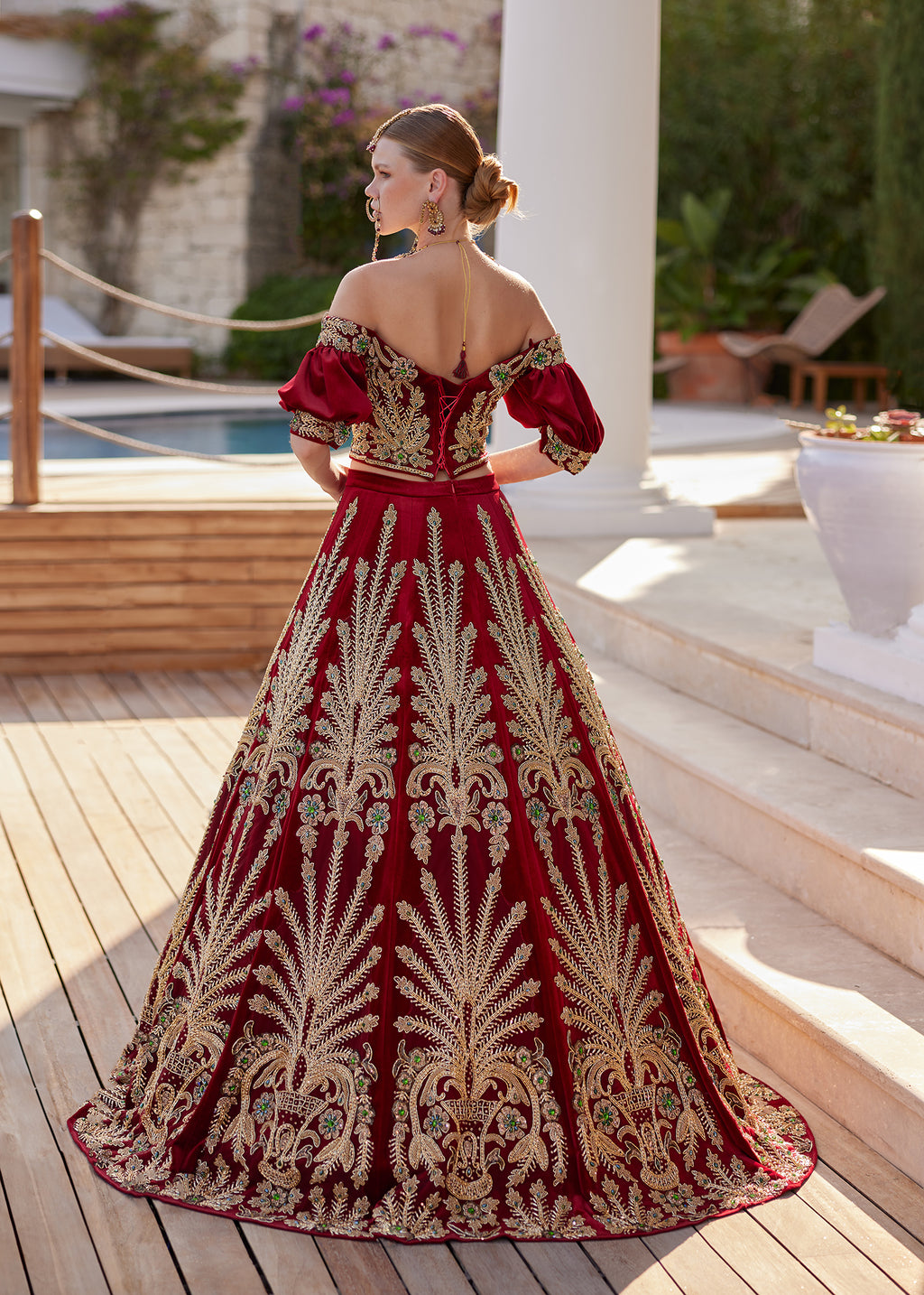 fitted lace wedding dress Sleeveless Metallic Embroidered Prom Dress with Slit Burgundy / Small main image 1