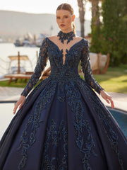 buy cheap Blue Sparkly Sequin Long Tulle Sleeve Princess Ball Gown with deep v neck and long illusion sleeves online a line dresses for plus sizes