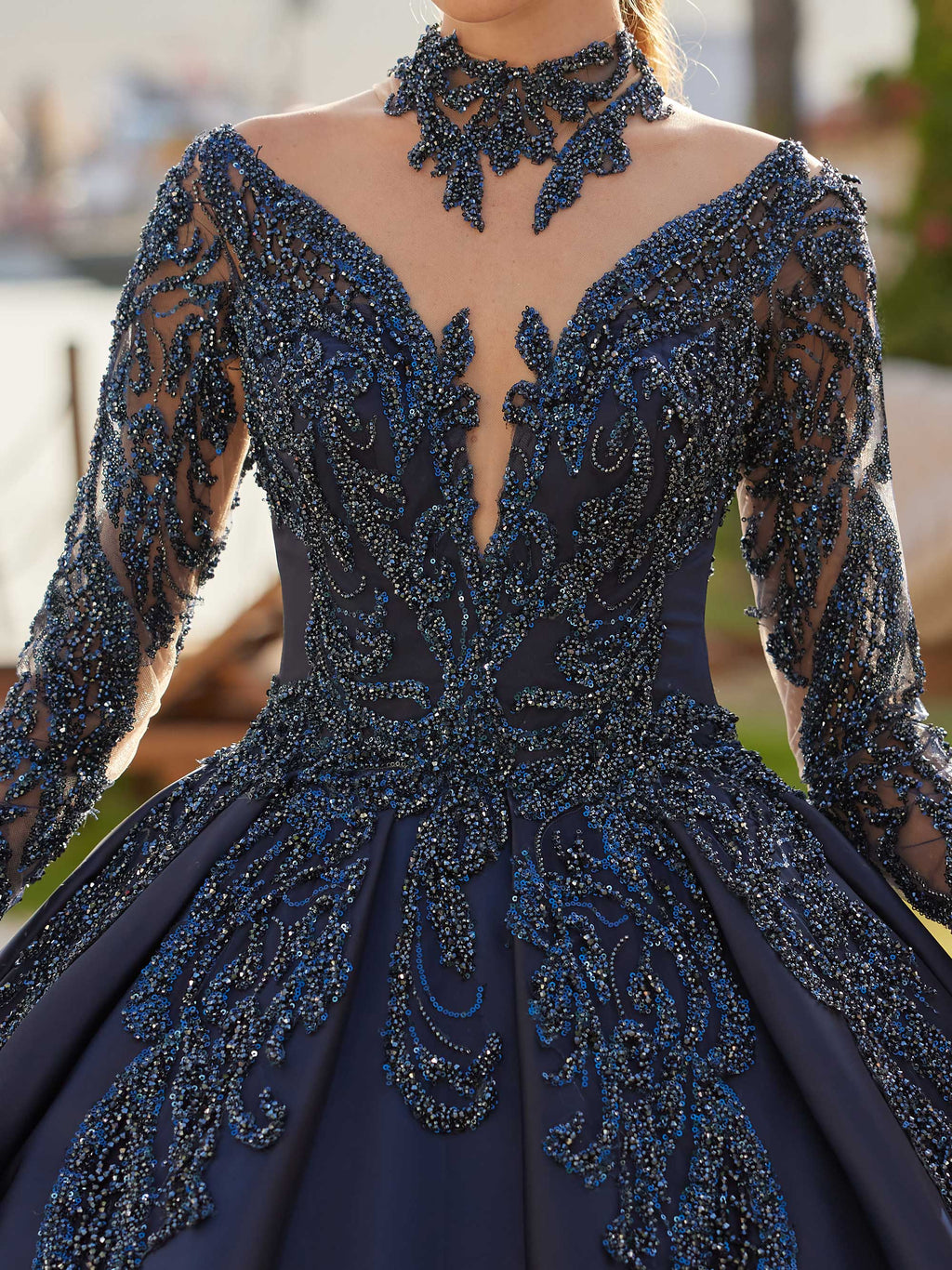 buy plunging neck luxury royal blue shinny sequins  a line princess ball gown online party gowns store
