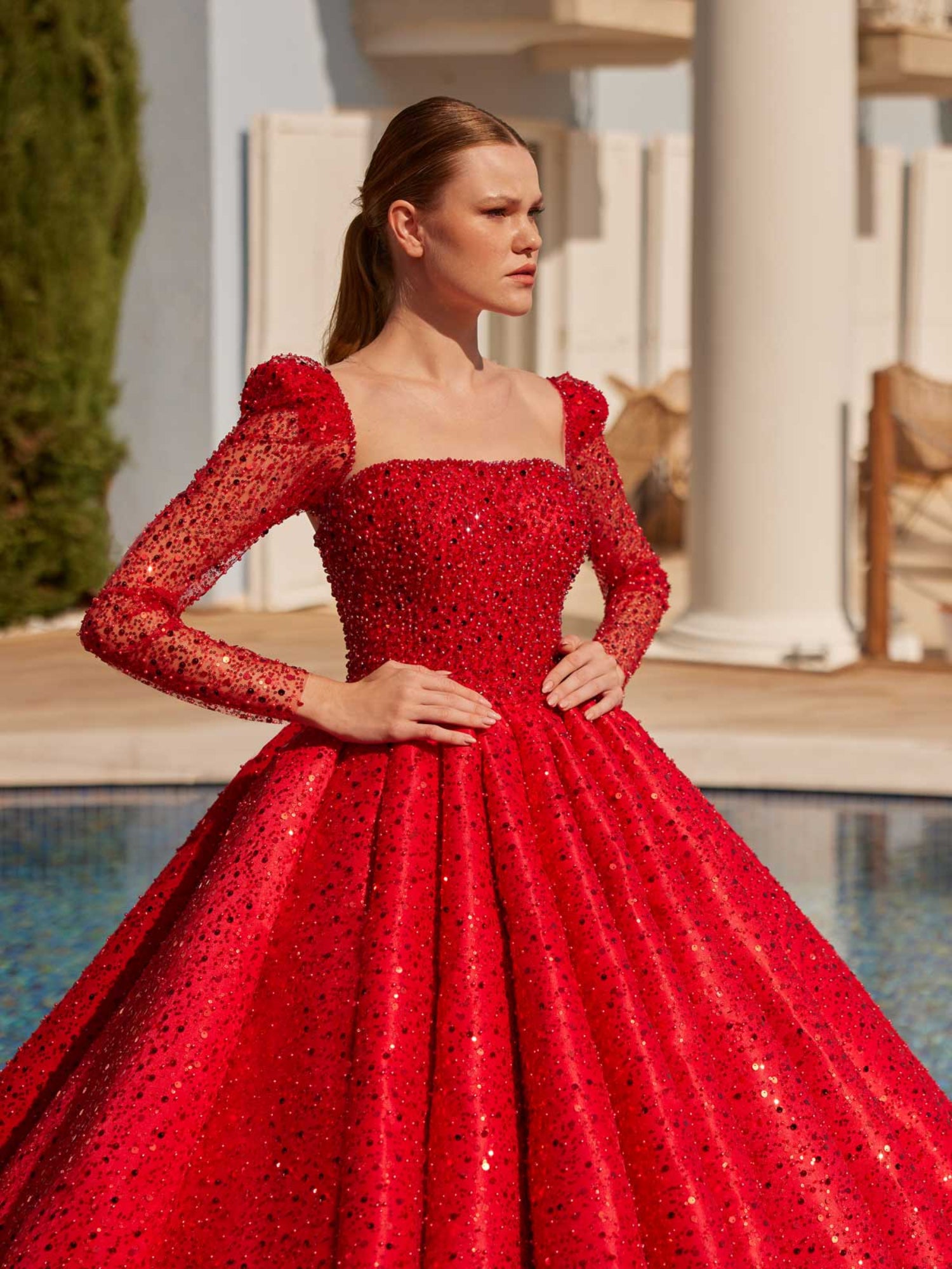 Luxury Sparkling Red Sequin Square Neck Prom Ball Gown 42