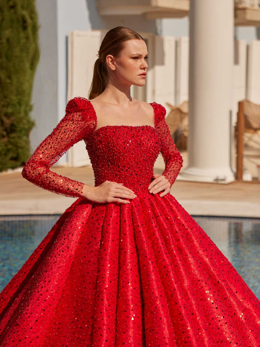 Luxury Sparkling Red Sequin Square Neck Prom Ball Gown 42