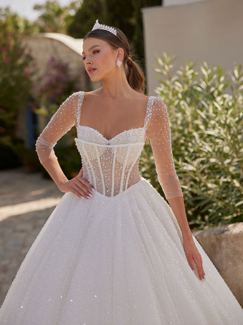 Luxury Sheer Tulle Corset Illusion Bodice 3 Sleeves Shiny Bridal Gown Dress 44