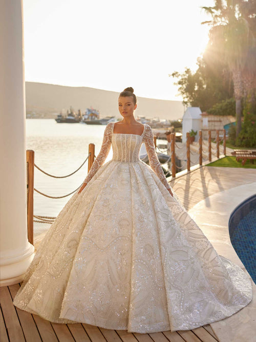 Elegant Floral Lace Corset Square Neckline Turkish Wedding Dress 38