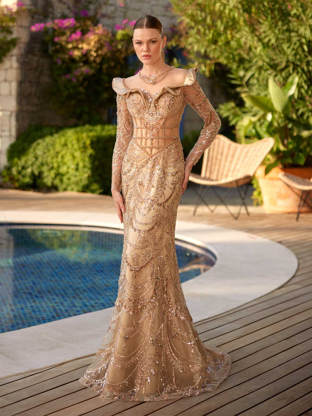 buy trumpet portrait neck shinny glitter  long embellished sleeve formal gown dress online shop