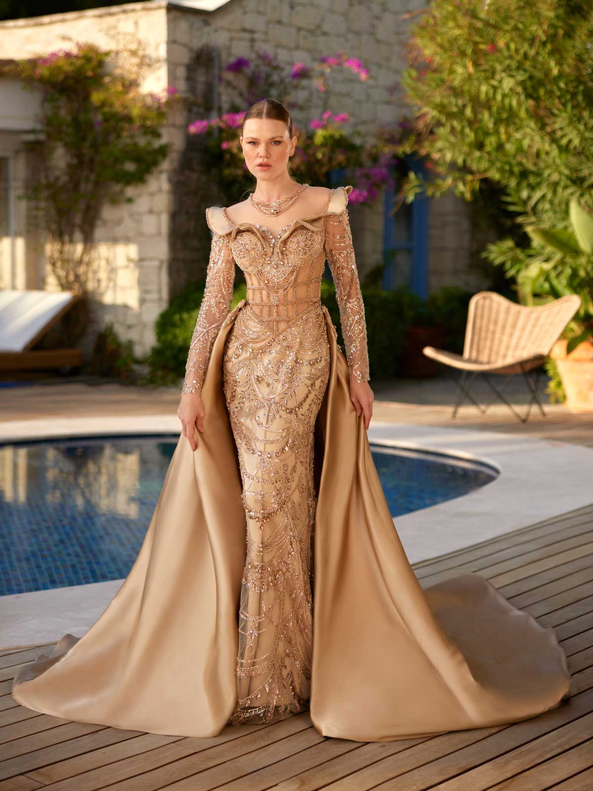 buy  luxurious Sparkly Rhinestone Nude Sheer Portrait Neck Formal Party Dress online boutiques