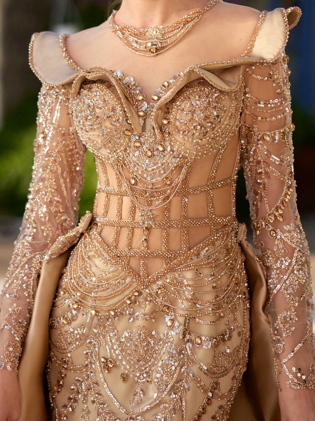 buy elegant Gold Lace Sparkly Rhinestone Portrait Neckline Long Formal Party Gown website