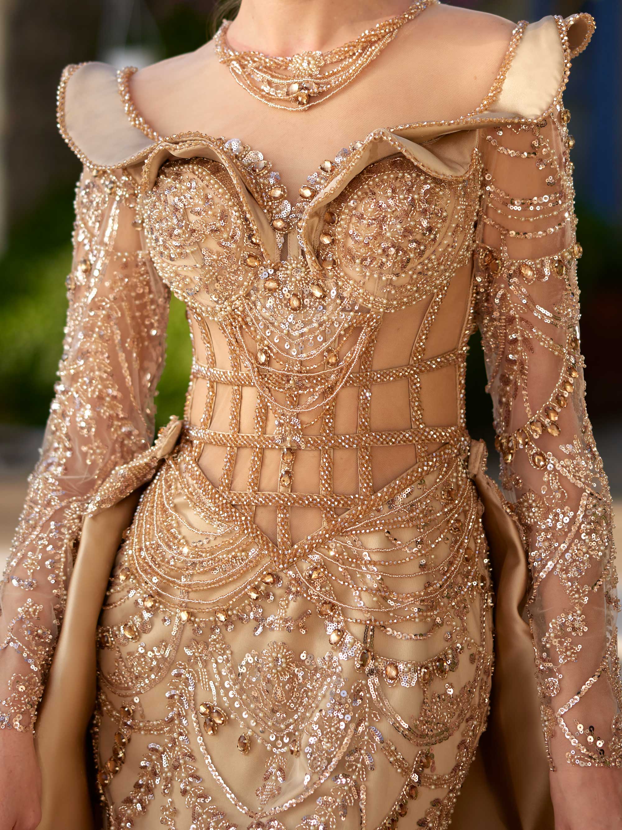 buy elegant Gold Lace Sparkly Rhinestone Portrait Neckline Long Formal Party Gown website