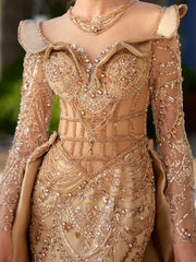 buy elegant Gold Lace Sparkly Rhinestone Portrait Neckline Long Formal Party Gown website