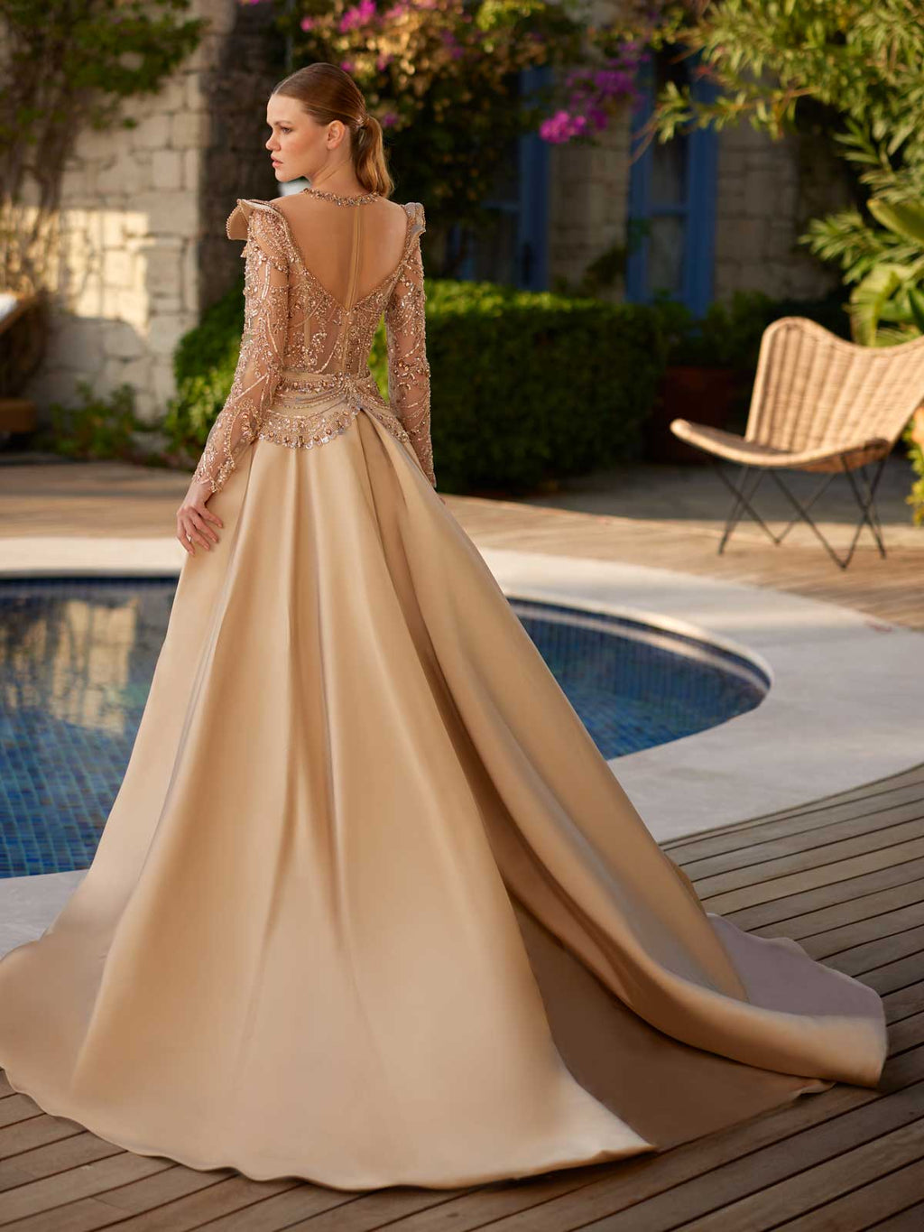 buy portrait neck classy open back long illusion sleeve detachable train ivory party gown online dresses store