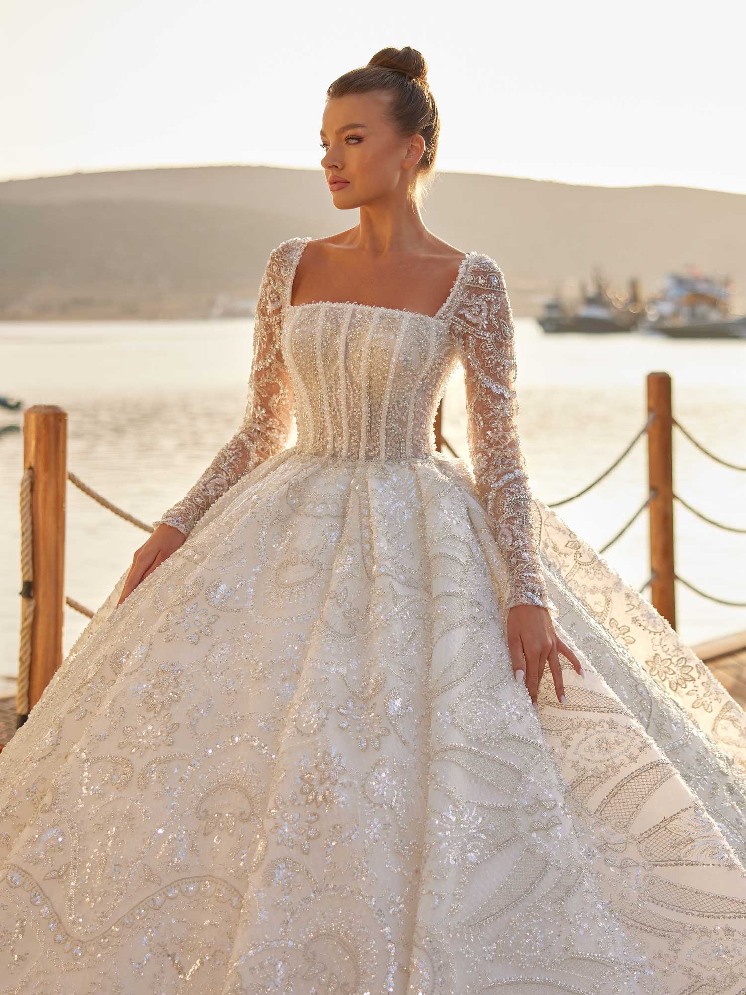 Elegant Floral Lace Corset Square Neckline Turkish Wedding Dress 38 Elegant Floral Lace Corset Square Neckline Turkish Wedding Dress 38