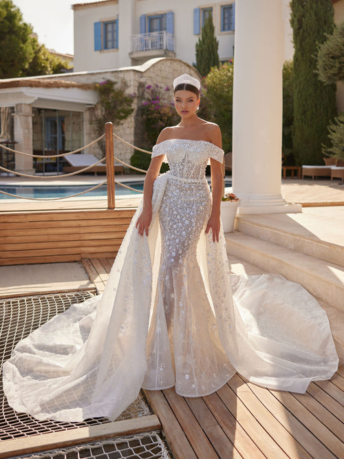 long sleeve off the shoulder trumpet wedding dress Elegant Pearl Corset Detachable Train 40 Size (Check Size Chart Image):5 Brochu Walker Havana Dress 1020-bogo50 made wedding dresses fulfill