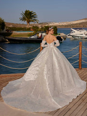 buy elegant strapless satin long sleeve  sparkly ball gown online bridal stores