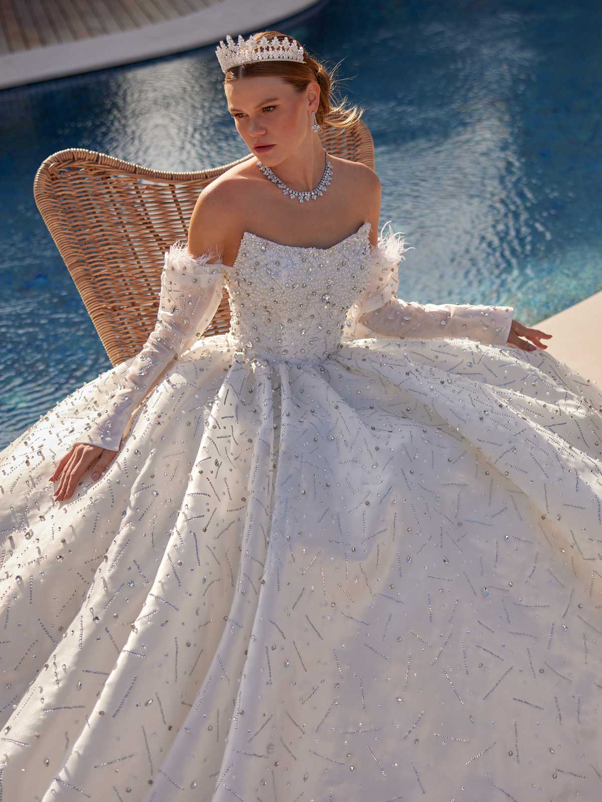buy Most Beautiful Sparkly Strapless Removable Sleeve Wedding Gown plus size expensive wedding store