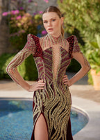 buy Burgundy Fancy Sparkling Beaded Embellished Open Back Mermaid Dress With Cathedral Train online henna gowns