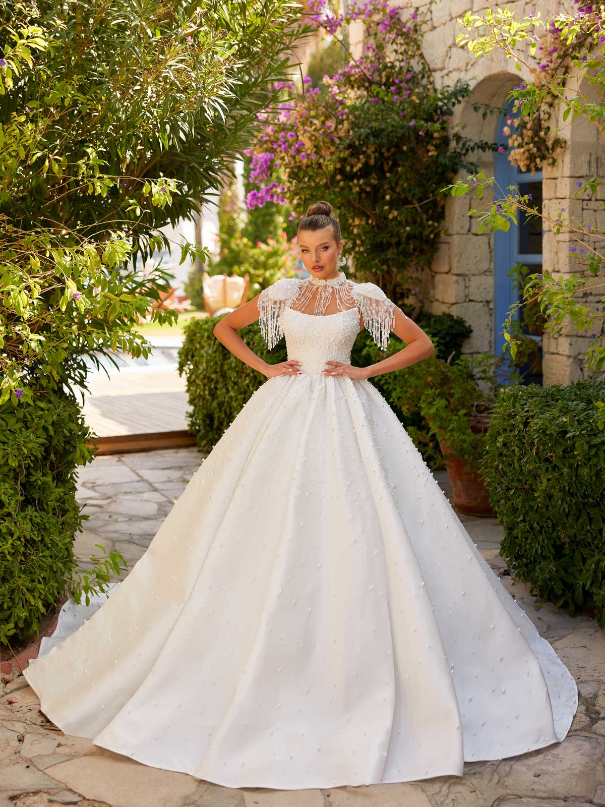buy Modern Yet Elegant Strapless Pearl Beaded Wedding Gown With Removable Sleeves online stores
