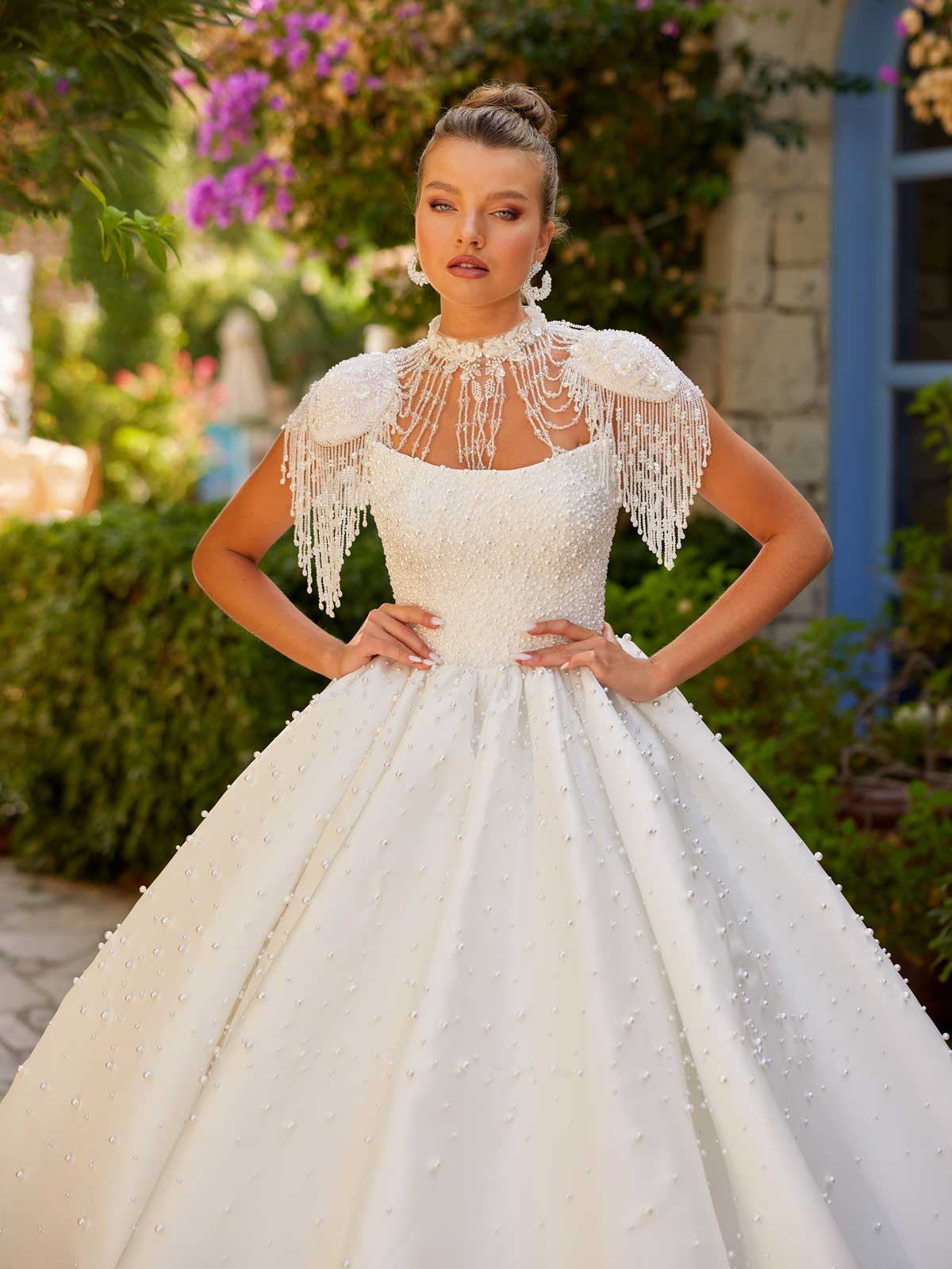 buy Luxurious Lace Beaded Wedding Dress Ball Gown Detachable Long Sleeves Open Back  fitted bodice bridal gowns online