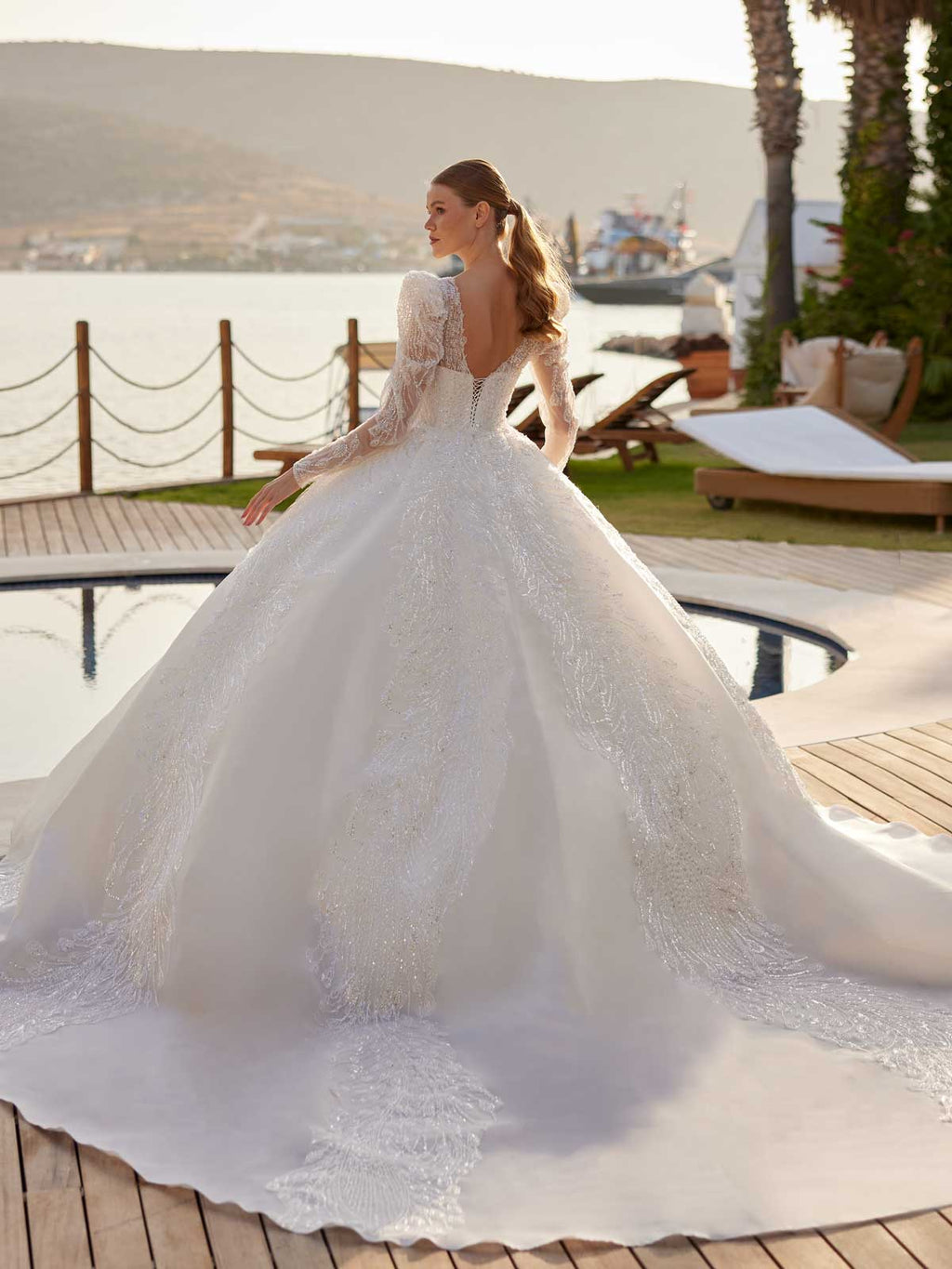 Puff Long Sleeve Illusion A line Lace Classic Wedding Dress Inexpensive 42