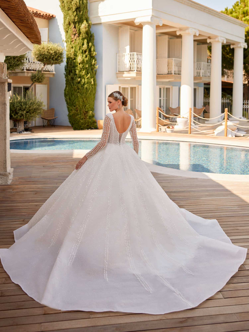 Designer Simple Elegant A Line with Sleeves Pearl Wedding Gown 42