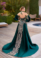 Trendy Green Front Slit Gold Sequined Long Henna Gown With Tail