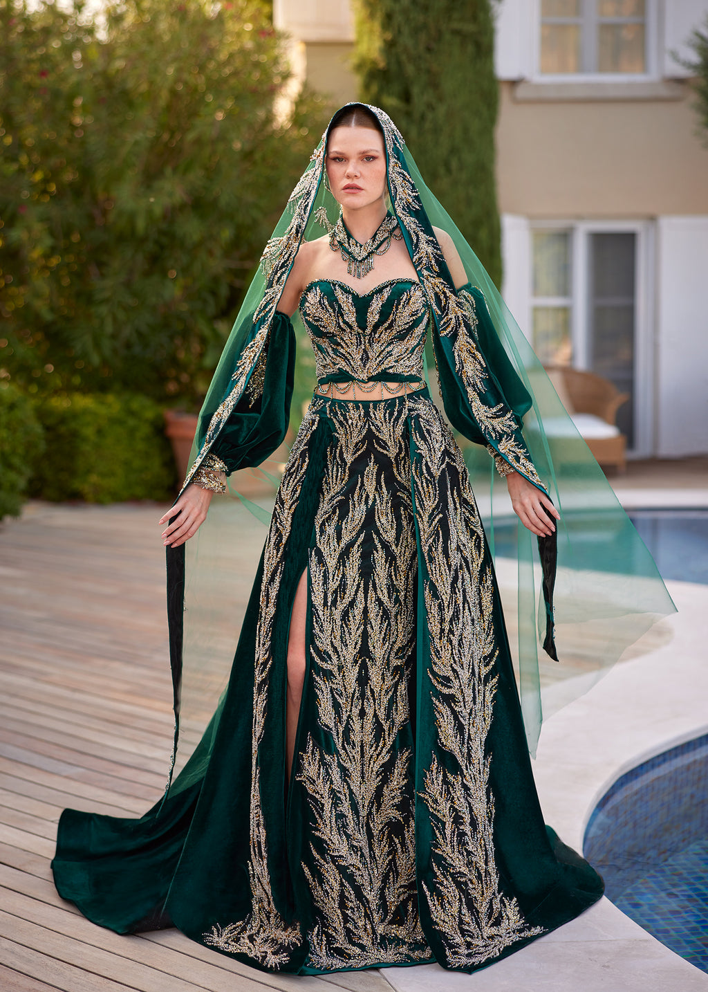 buy Trendy Green Front Slit Gold Sequined Long Henna Gown With Tail