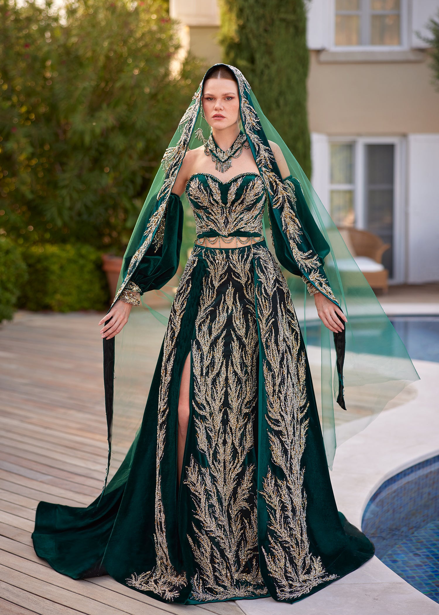 buy Trendy Green Front Slit Gold Sequined Long Henna Gown With Tail