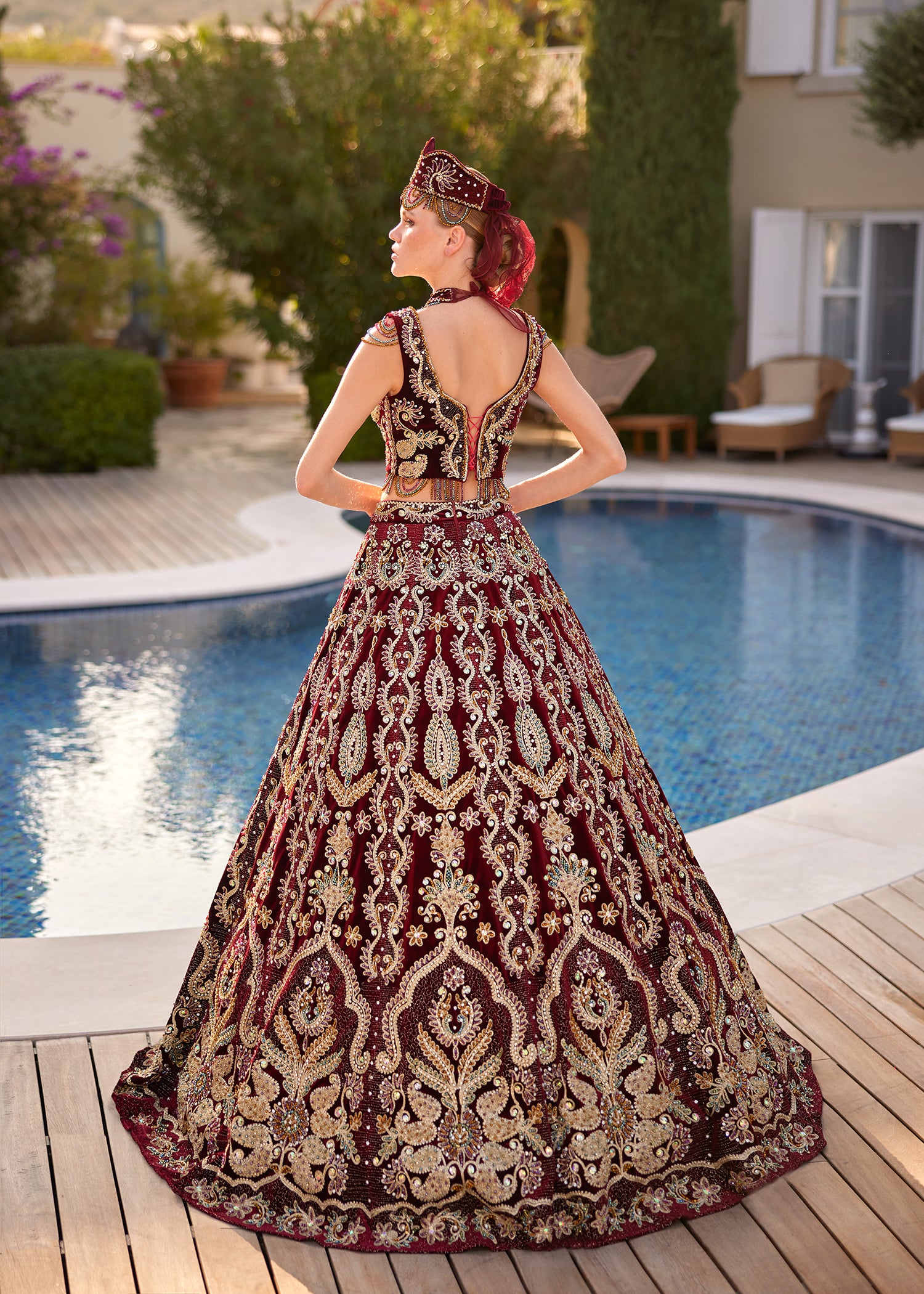 Turkish Red V Neck Heavy Embellished Kaftan Dress Set