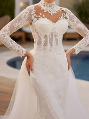 buy Luxury Turtle Neck Illusion Lace Mermaid Long Sleeve Bridal Dress With Detachable Skirt