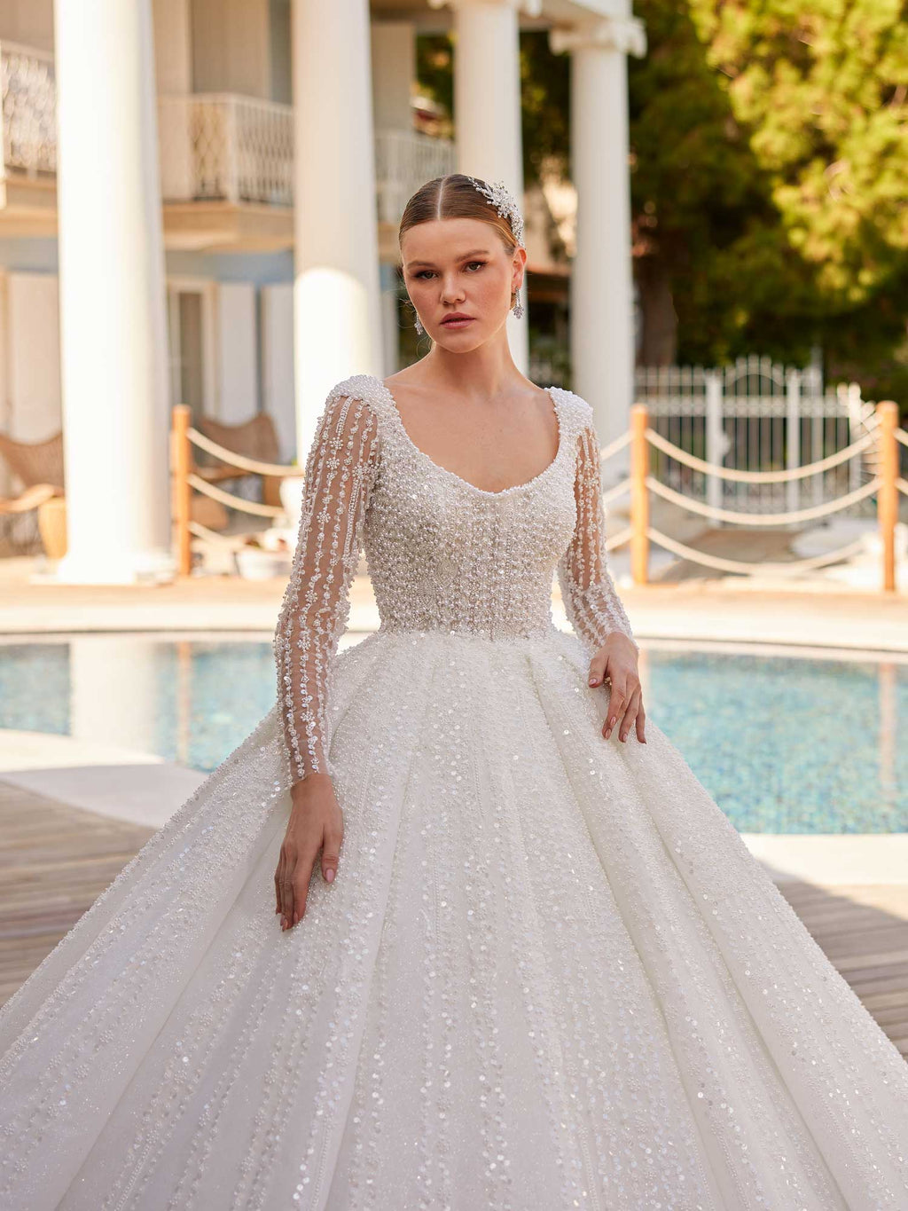 Designer Simple Elegant A Line With Sleeves Pearl Wedding Gown 38
