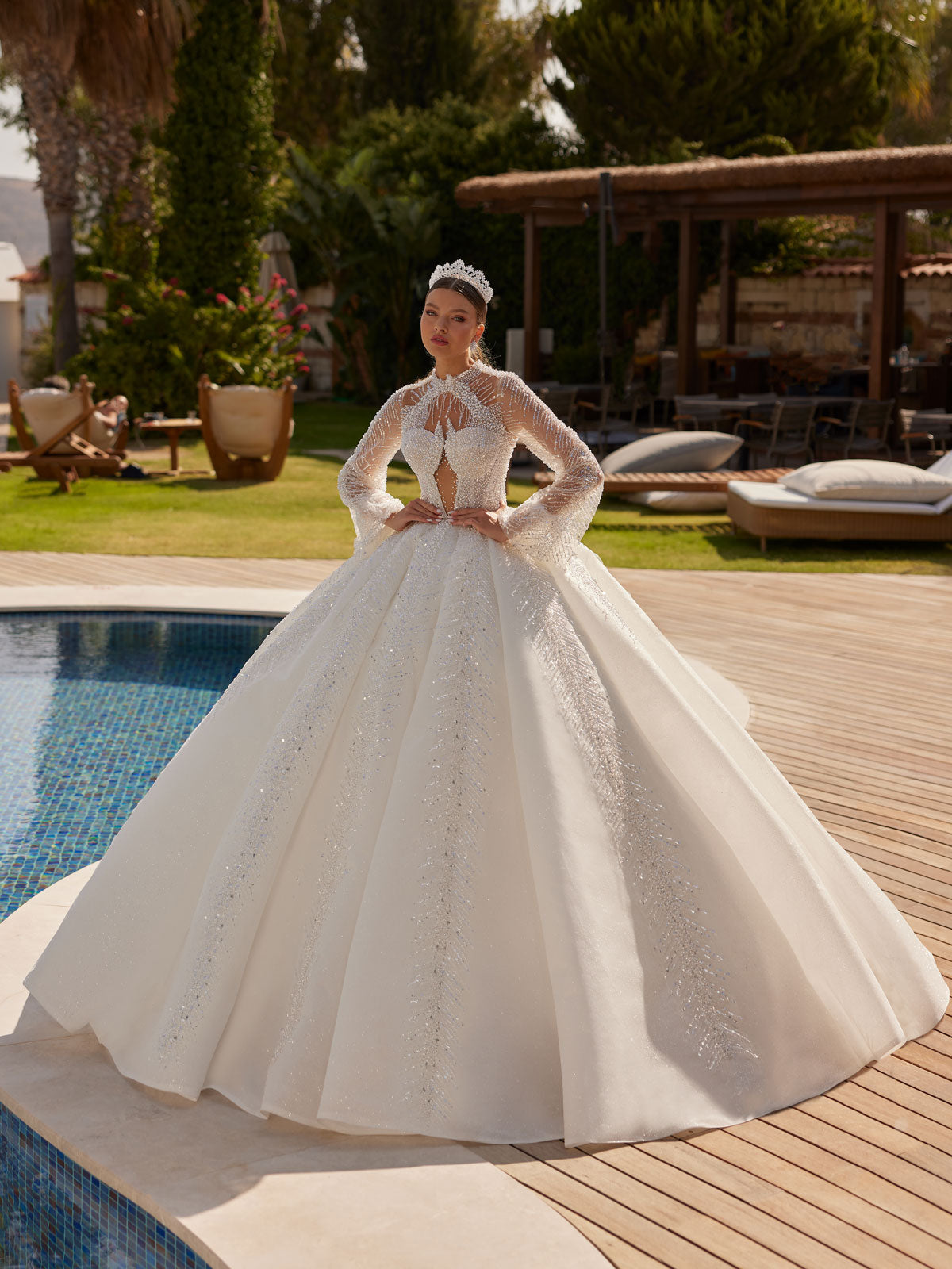 buy inexpensive plus size Gergeous Sheer Tulle Beautiful Long Sleeve Collar Neck Wedding Dress online bridal shop